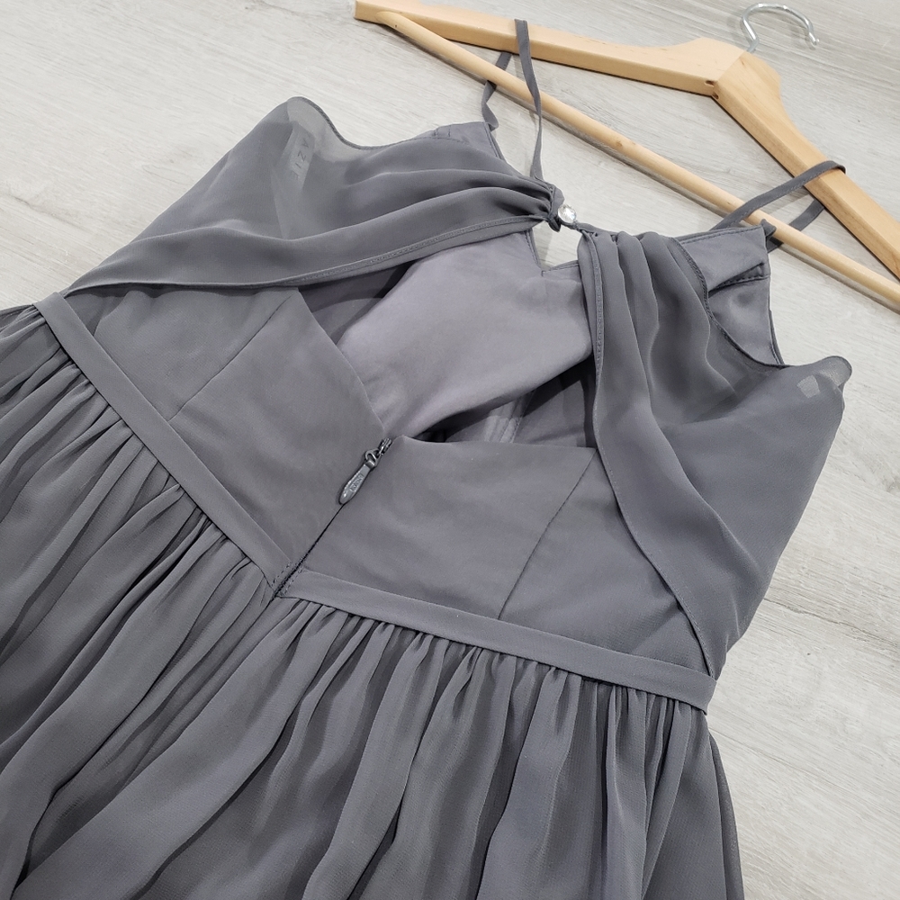 Azazie Cora Steel Gray, A-Line, V-Neck, Spaghetti Straps Floor Length Gown - Picture 2 of 5